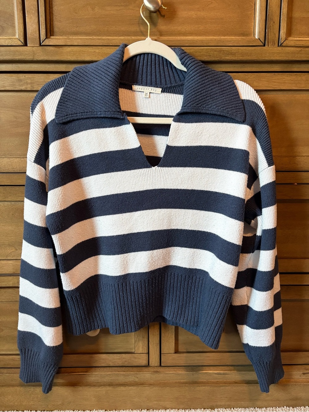 Copper Key Navy & White Striped V-Neck Collared Sweater